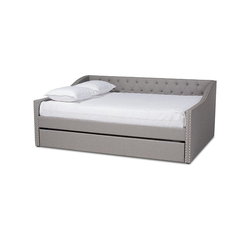 Light Grey Fabric Upholstered Full Size Daybed with Roll-Out Trundle Bed