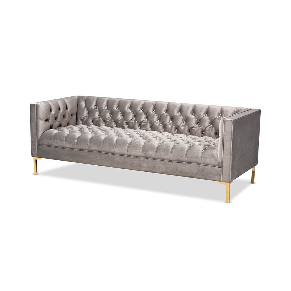 Baxton Studio Zanetta Glam and Luxe Gray Velvet Upholstered Gold Finished Sofa