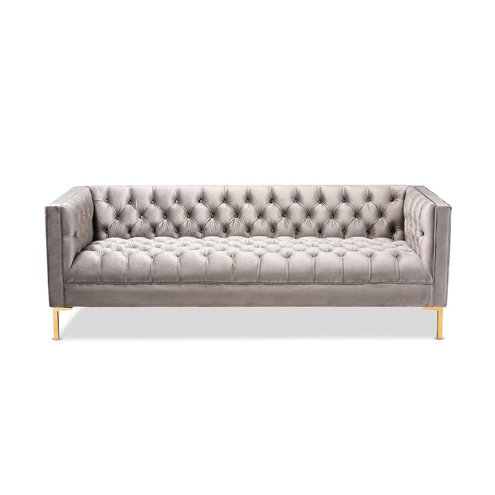Baxton Studio Zanetta Glam and Luxe Gray Velvet Upholstered Gold Finished Sofa