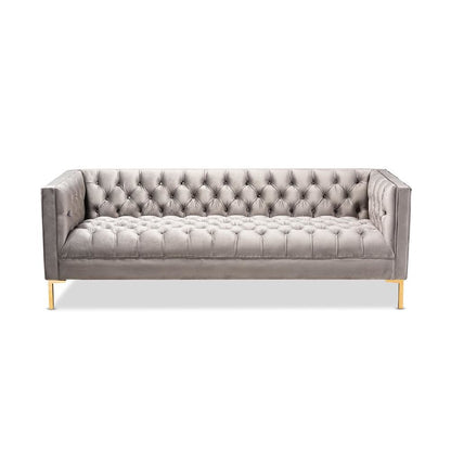Baxton Studio Zanetta Glam and Luxe Gray Velvet Upholstered Gold Finished Sofa