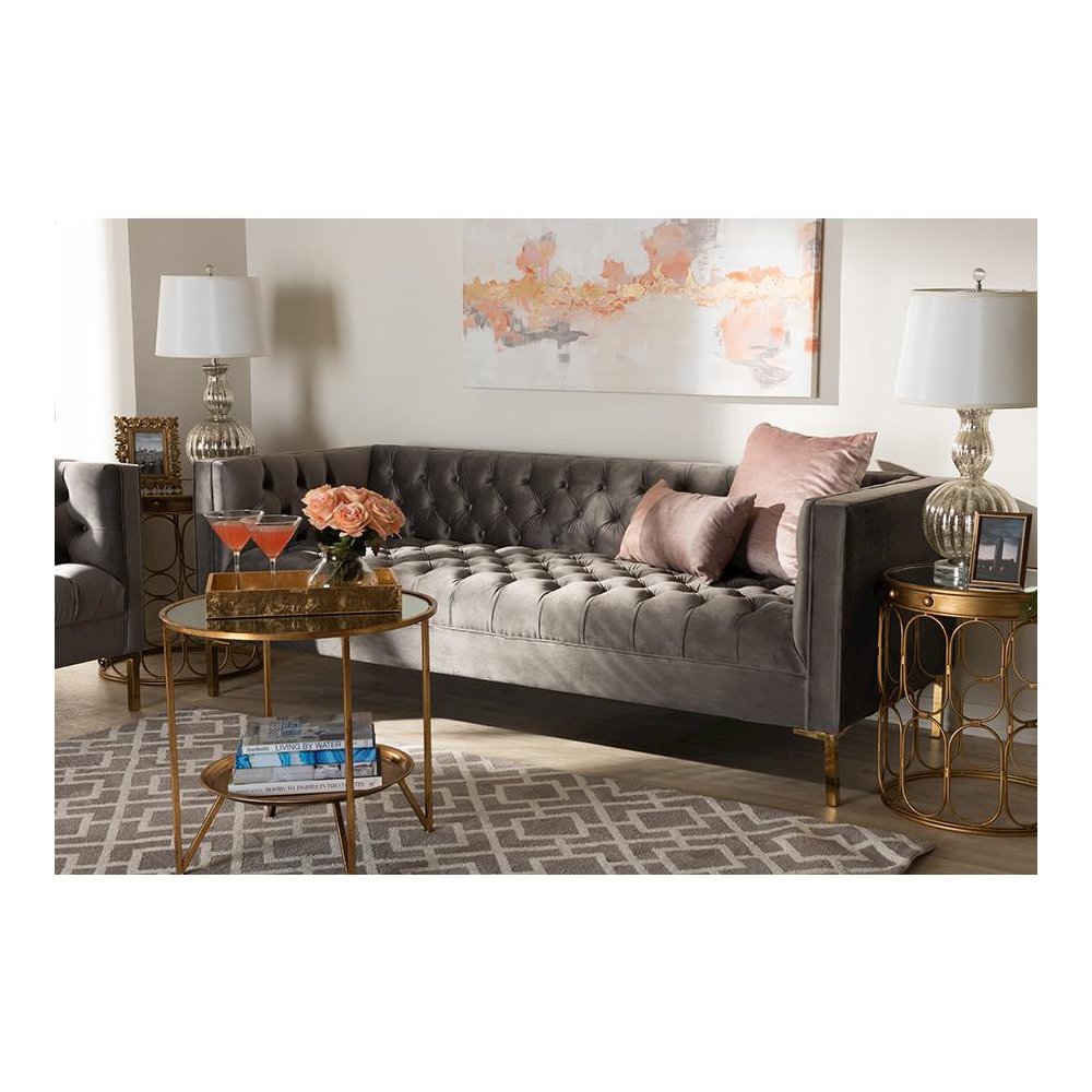 Baxton Studio Zanetta Glam and Luxe Gray Velvet Upholstered Gold Finished Sofa