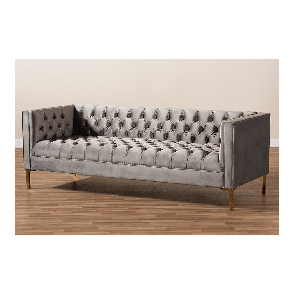 Baxton Studio Zanetta Glam and Luxe Gray Velvet Upholstered Gold Finished Sofa