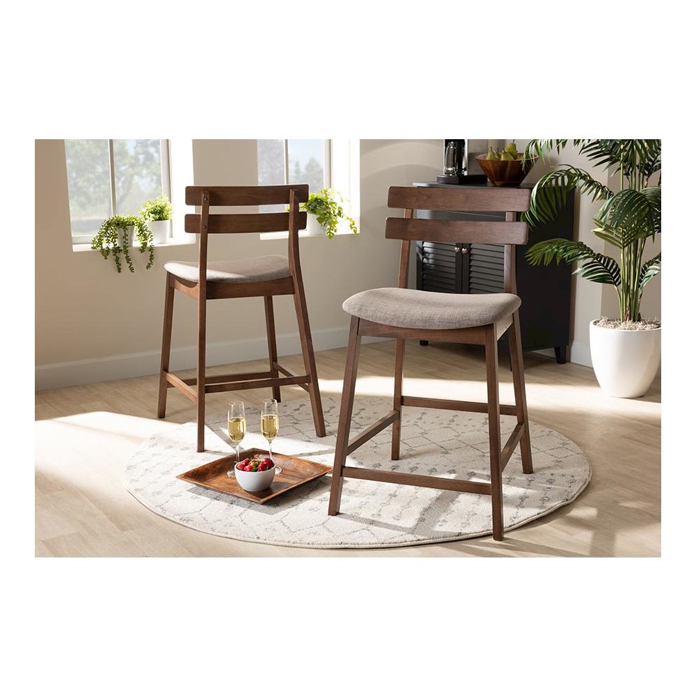 Light Grey Fabric Upholstered Walnut Finished 2-Piece Wood Counter Stool Set