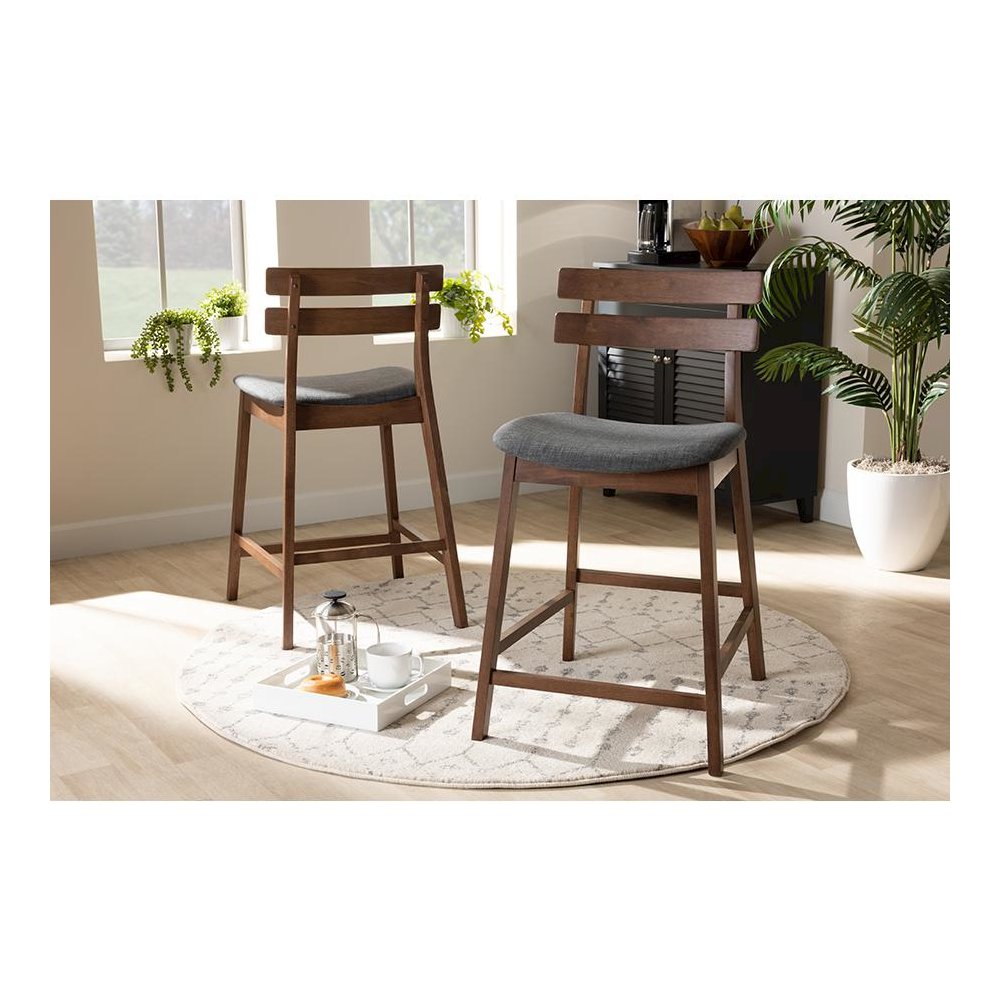 Dark Grey Fabric Upholstered Walnut Finished 2-Piece Wood Counter Stool Set
