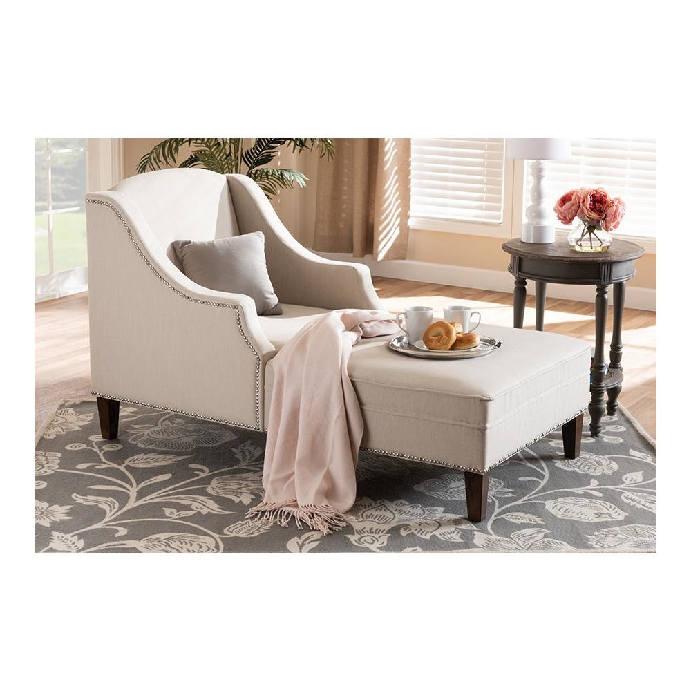 Beige Fabric Upholstered Wenge Brown Finished Chaise Lounge