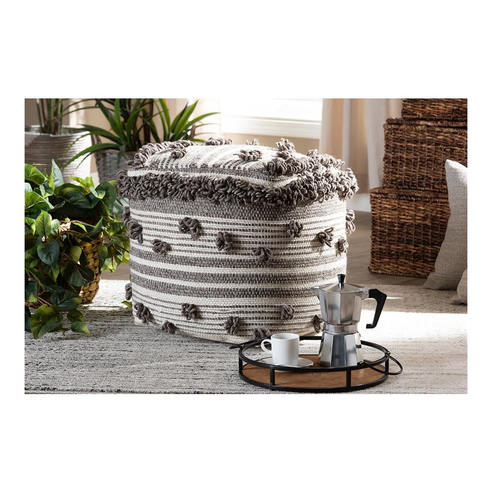 Eligah Moroccan Inspired Ivory and Brown Handwoven Wool Pouf Ottoman