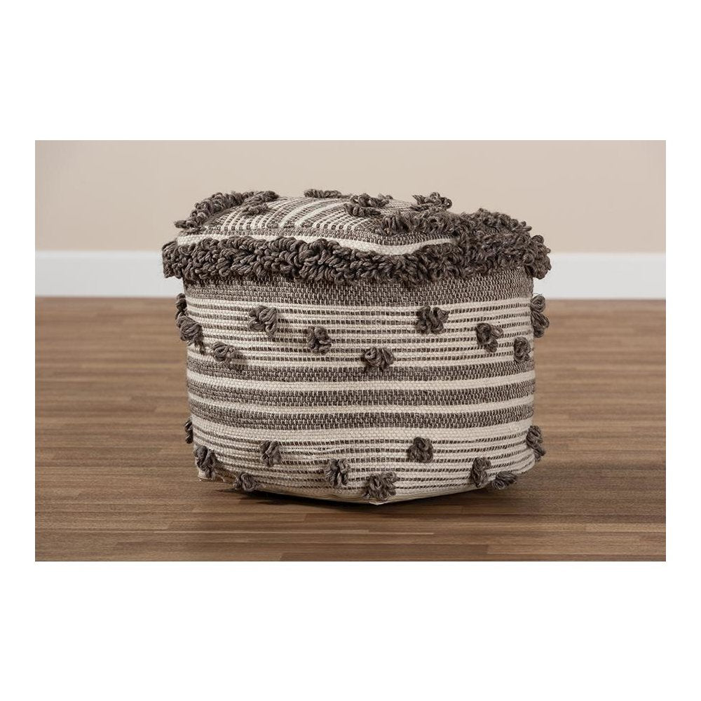 Eligah Moroccan Inspired Ivory and Brown Handwoven Wool Pouf Ottoman