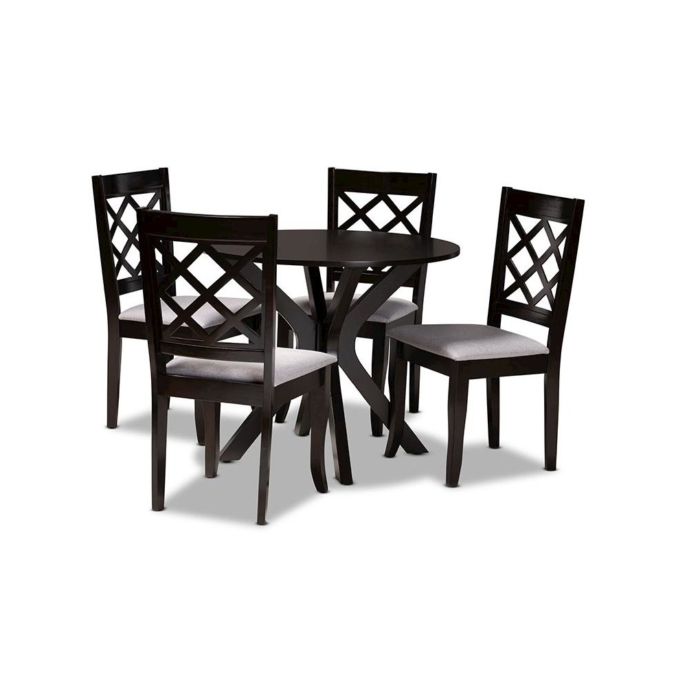 Grey Fabric Upholstered and Dark Brown Finished Wood 5-Piece Dining Set