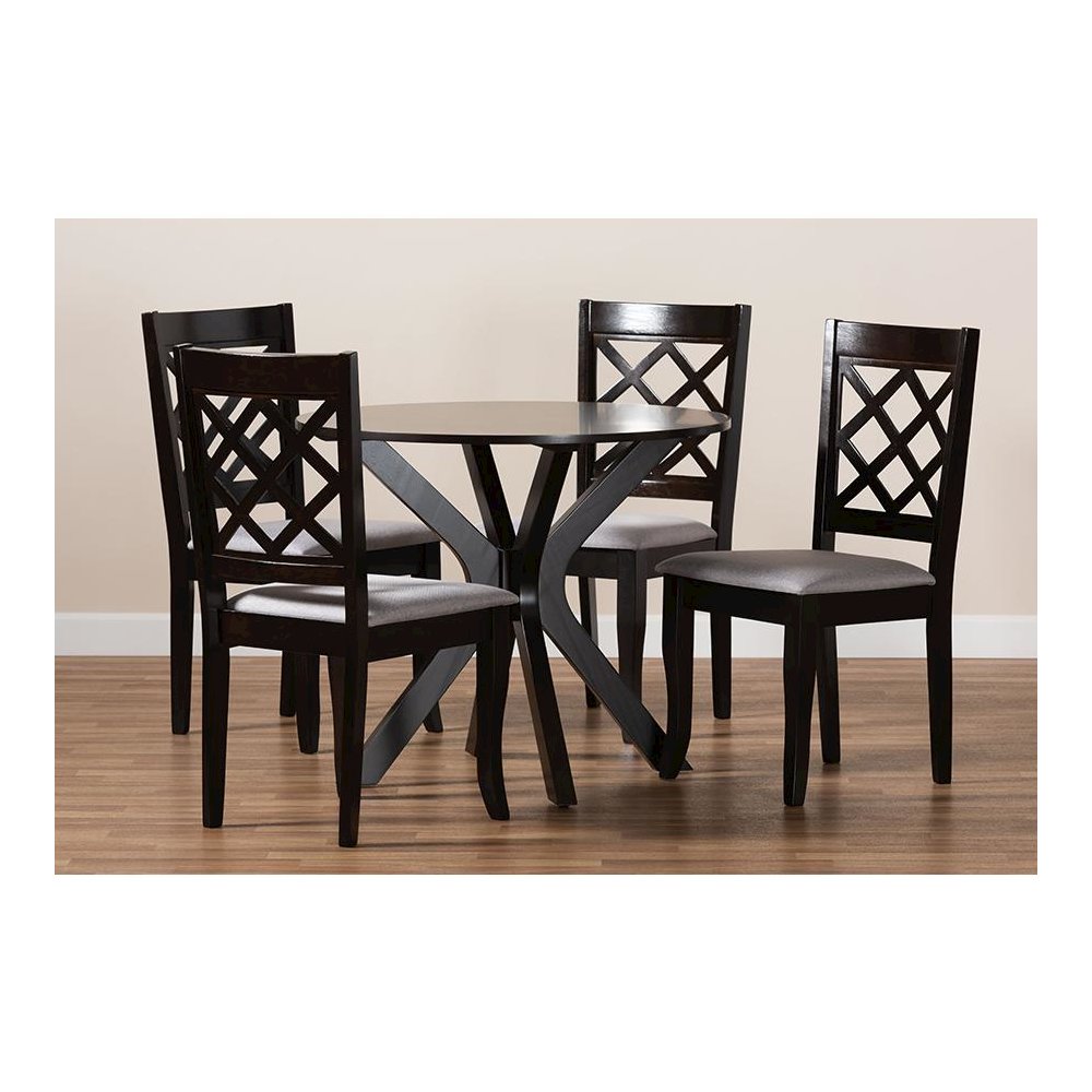 Grey Fabric Upholstered and Dark Brown Finished Wood 5-Piece Dining Set