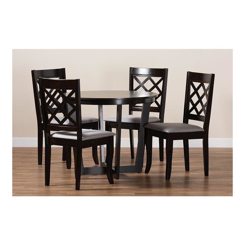 Grey Fabric Upholstered and Dark Brown Finished Wood 5-Piece Dining Set