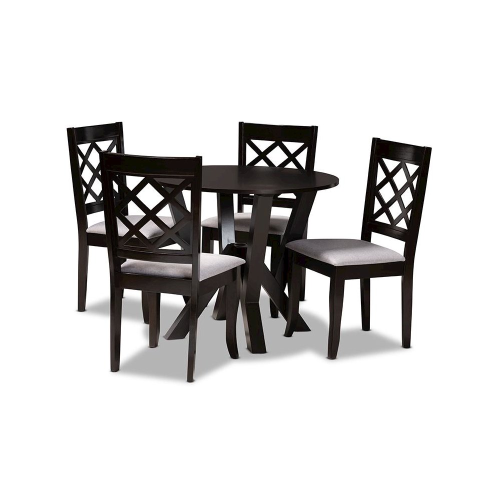 Grey Fabric Upholstered and Dark Brown Finished Wood 5-Piece Dining Set