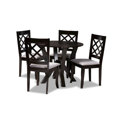 Grey Fabric Upholstered and Dark Brown Finished Wood 5-Piece Dining Set