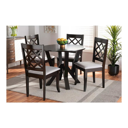 Grey Fabric Upholstered and Dark Brown Finished Wood 5-Piece Dining Set