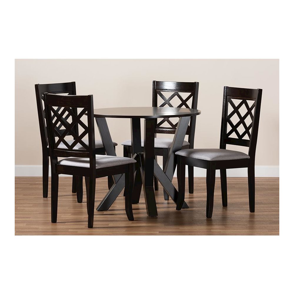 Grey Fabric Upholstered and Dark Brown Finished Wood 5-Piece Dining Set