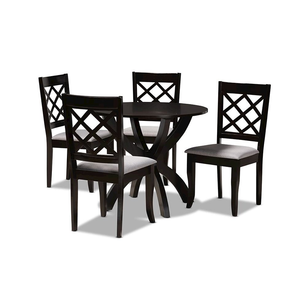 Grey Fabric Upholstered and Dark Brown Finished Wood 5-Piece Dining Set