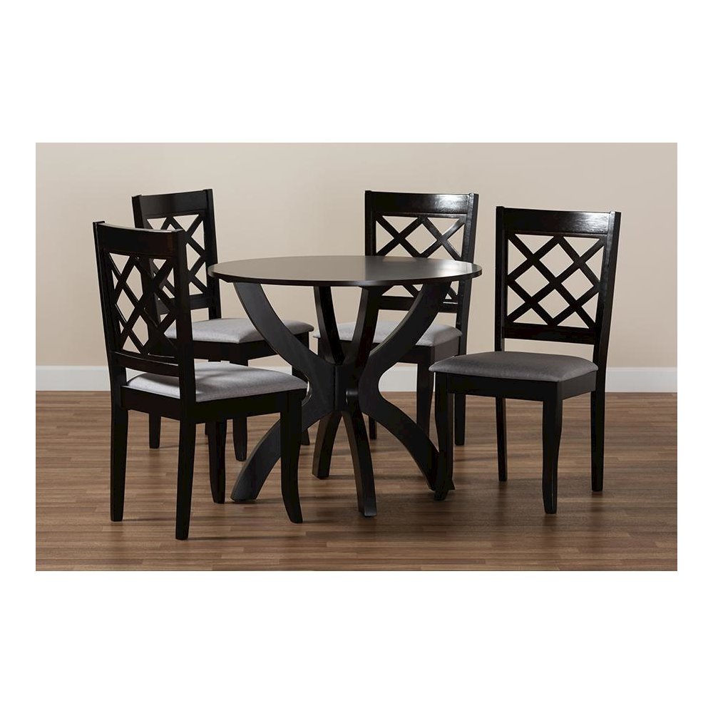 Grey Fabric Upholstered and Dark Brown Finished Wood 5-Piece Dining Set