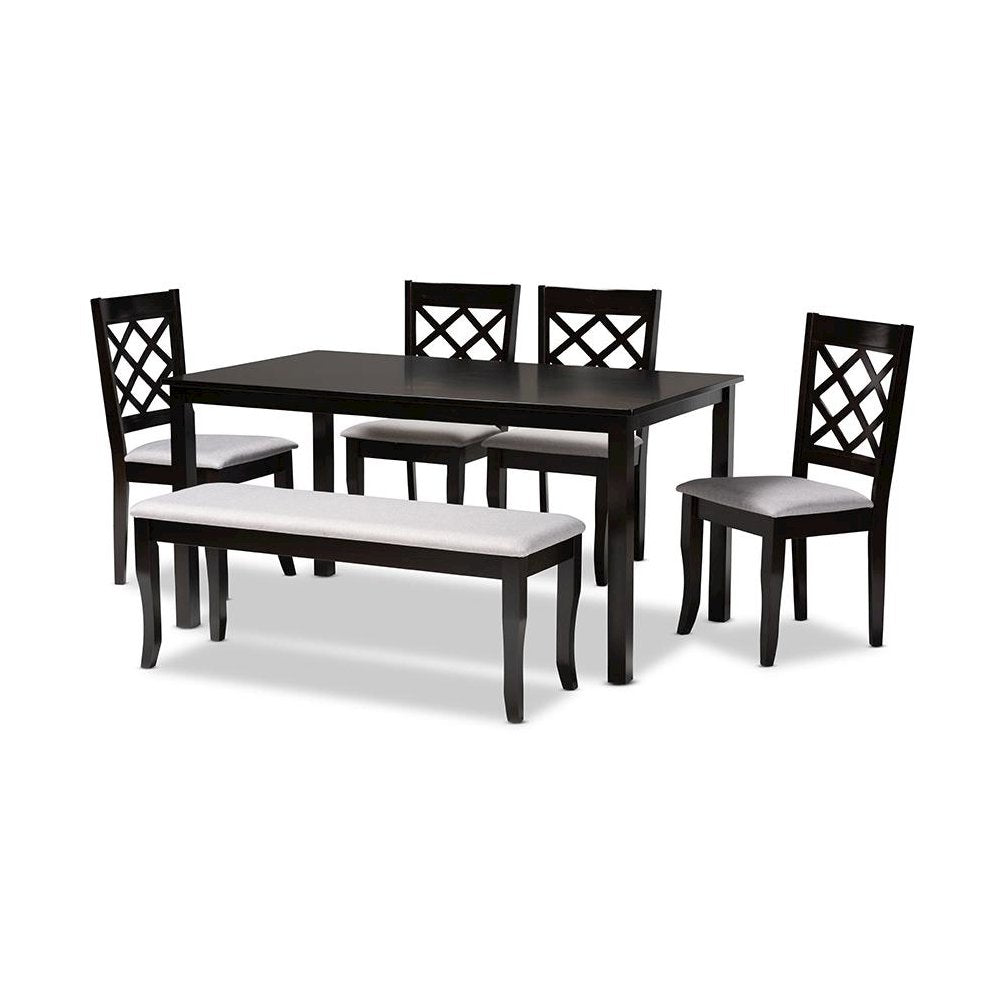 Grey Fabric Upholstered and Dark Brown Finished Wood 6-Piece Dining Set