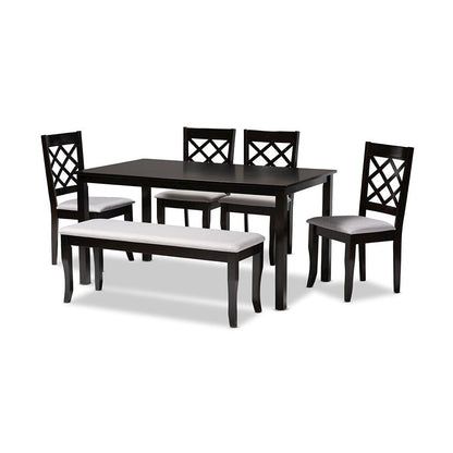 Grey Fabric Upholstered and Dark Brown Finished Wood 6-Piece Dining Set