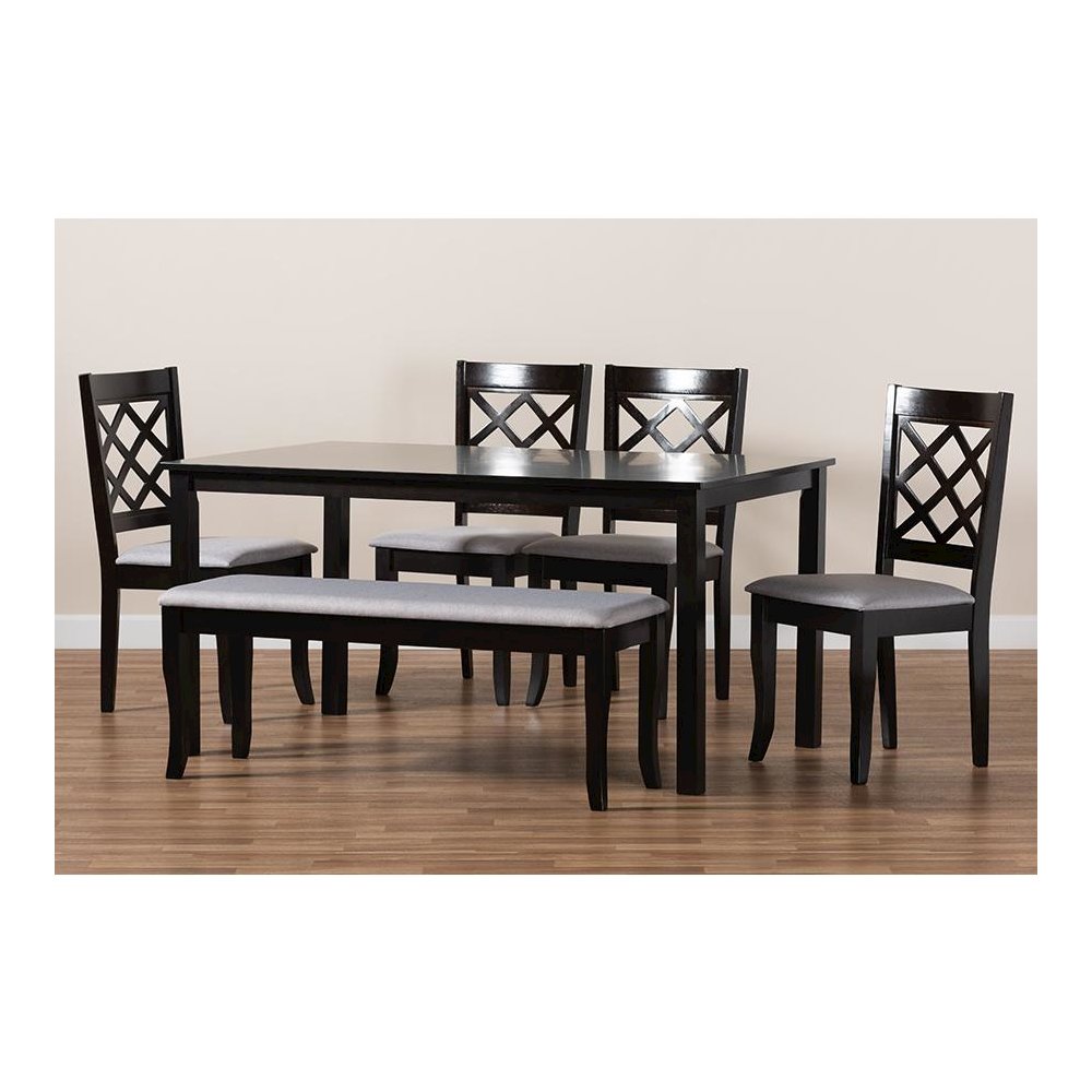 Grey Fabric Upholstered and Dark Brown Finished Wood 6-Piece Dining Set