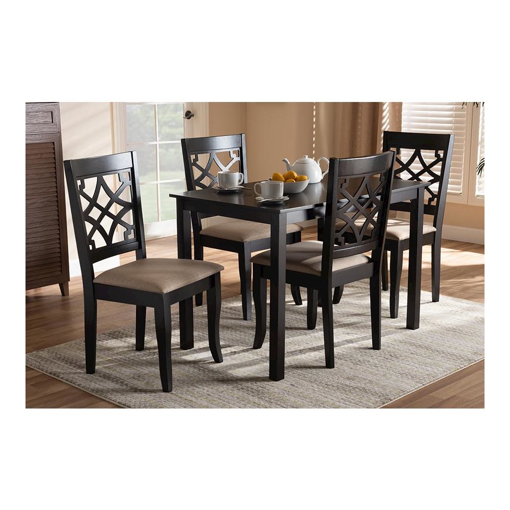 Sand Fabric Upholstered Espresso Brown Finished 5-Piece Wood Dining Set