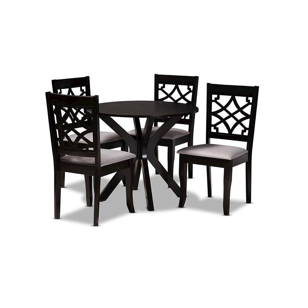 Grey Fabric Upholstered and Dark Brown Finished Wood 5-Piece Dining Set