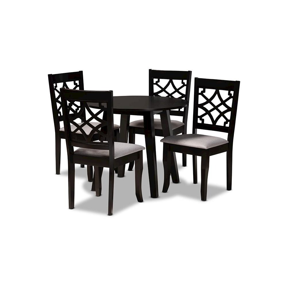 Grey Fabric Upholstered and Dark Brown Finished Wood 5-Piece Dining Set