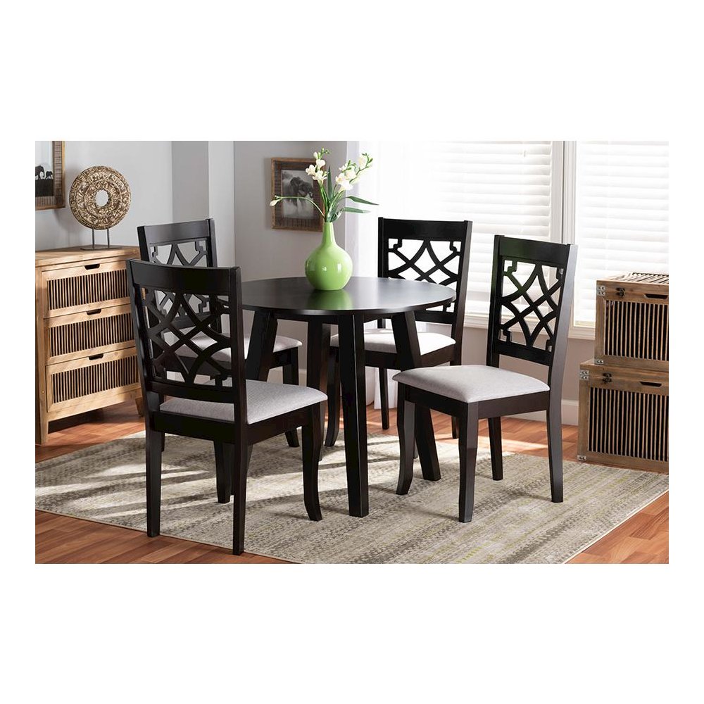 Grey Fabric Upholstered and Dark Brown Finished Wood 5-Piece Dining Set