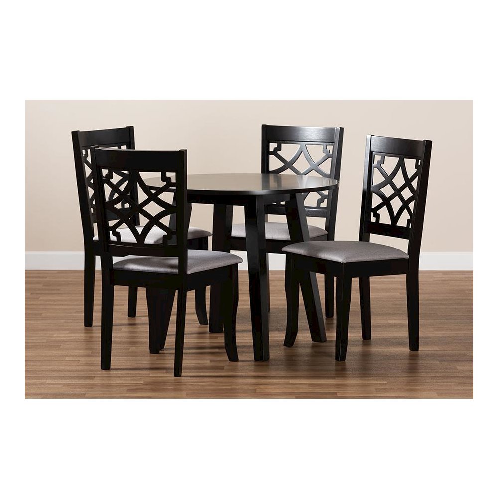 Grey Fabric Upholstered and Dark Brown Finished Wood 5-Piece Dining Set