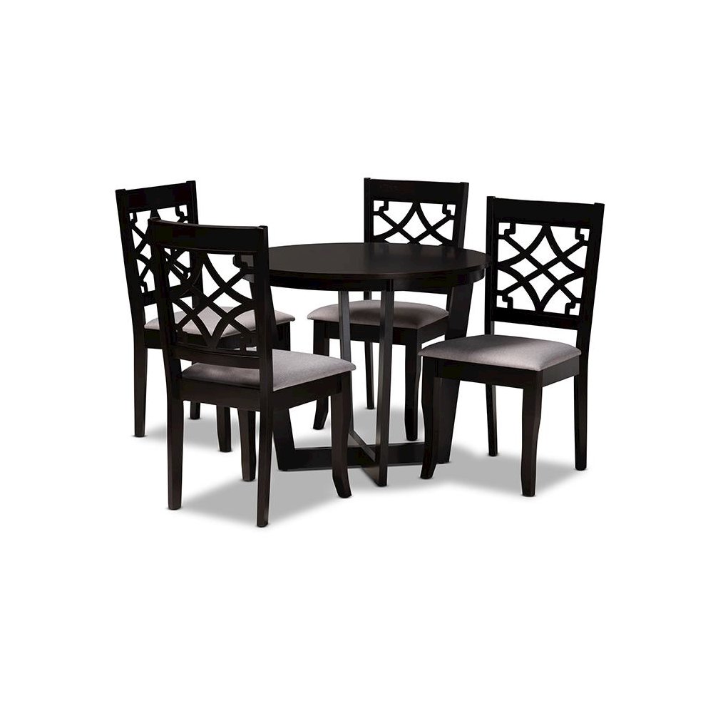 Grey Fabric Upholstered and Dark Brown Finished Wood 5-Piece Dining Set