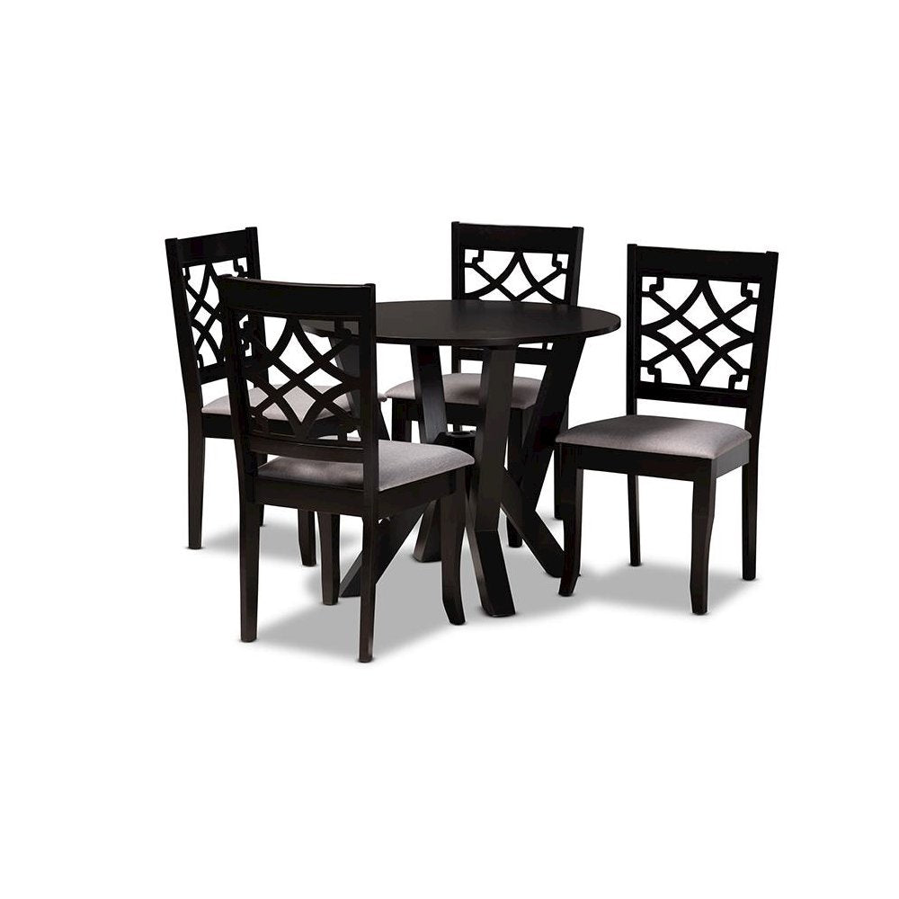 Grey Fabric Upholstered and Dark Brown Finished Wood 5-Piece Dining Set