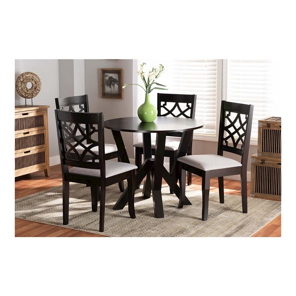 Grey Fabric Upholstered and Dark Brown Finished Wood 5-Piece Dining Set