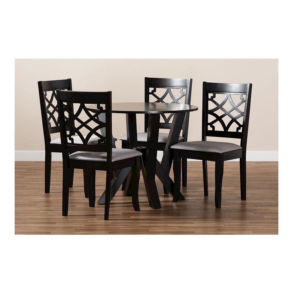 Grey Fabric Upholstered and Dark Brown Finished Wood 5-Piece Dining Set