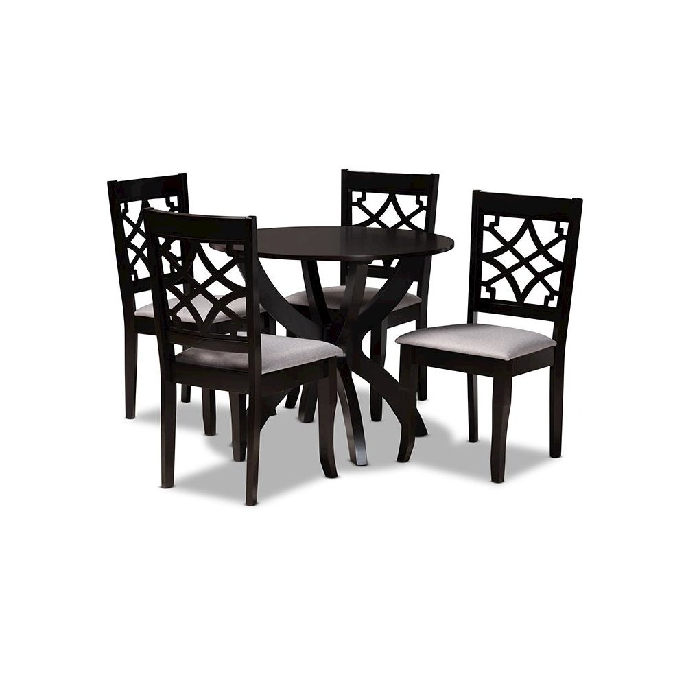 Grey Fabric Upholstered and Dark Brown Finished Wood 5-Piece Dining Set