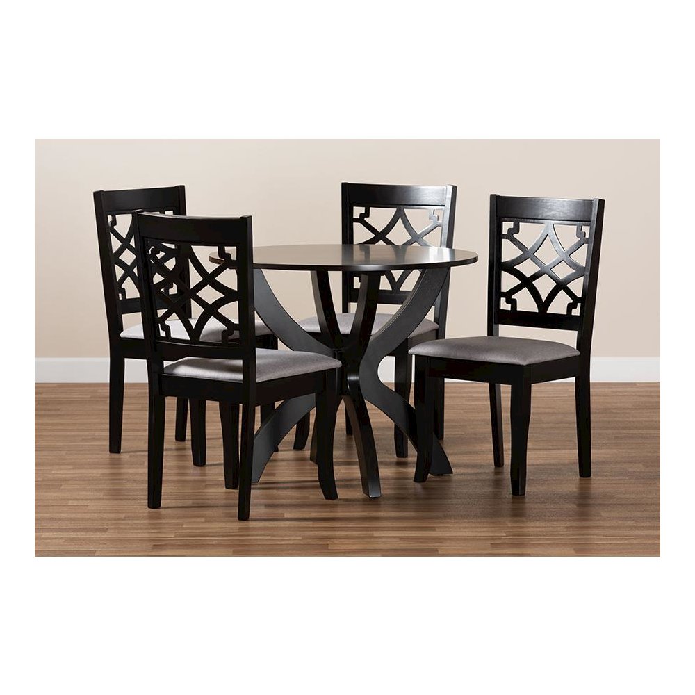 Grey Fabric Upholstered and Dark Brown Finished Wood 5-Piece Dining Set