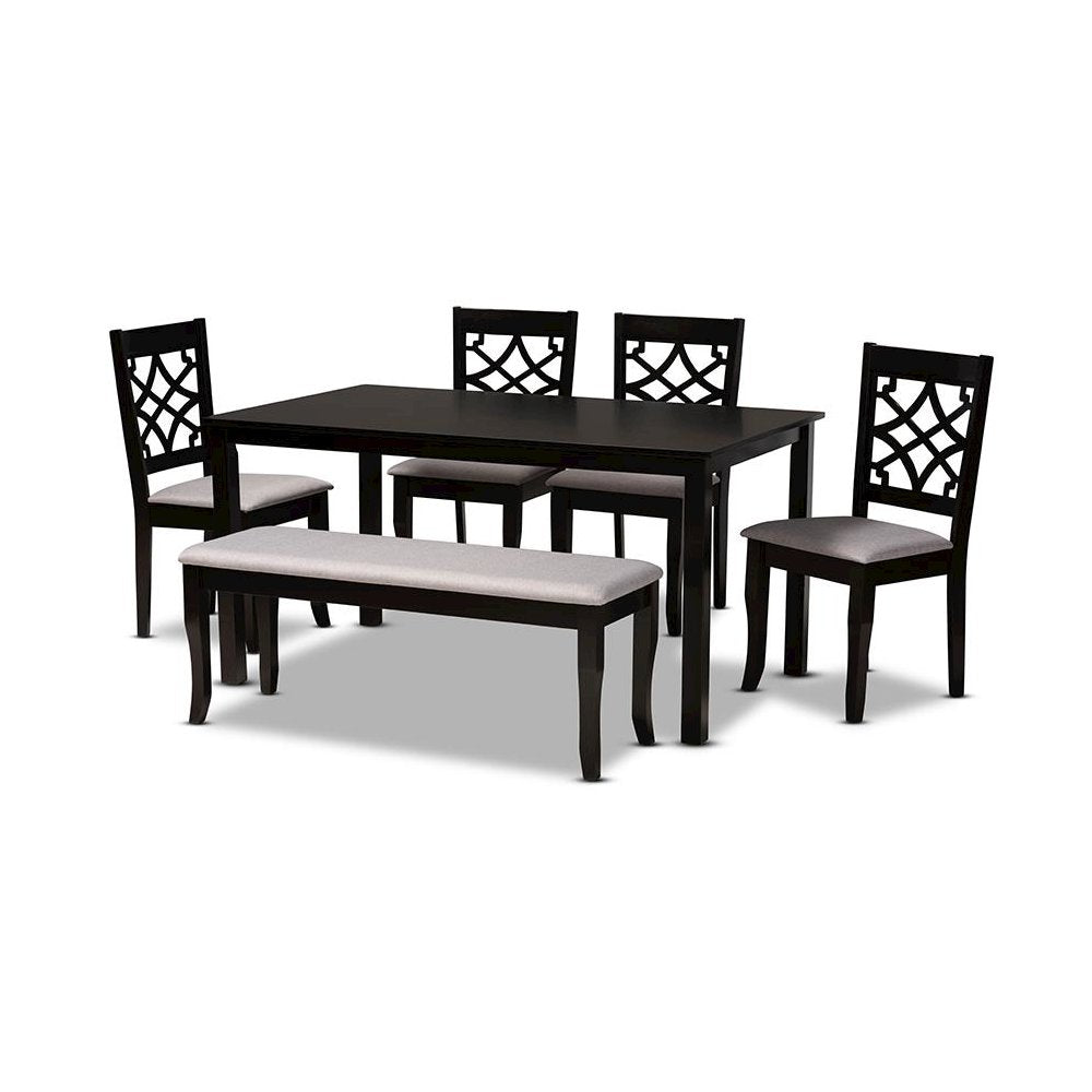 Grey Fabric Upholstered and Dark Brown Finished Wood 6-Piece Dining Set