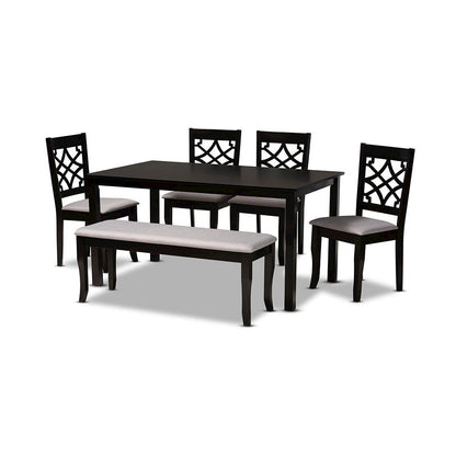 Grey Fabric Upholstered and Dark Brown Finished Wood 6-Piece Dining Set