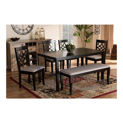 Grey Fabric Upholstered and Dark Brown Finished Wood 6-Piece Dining Set