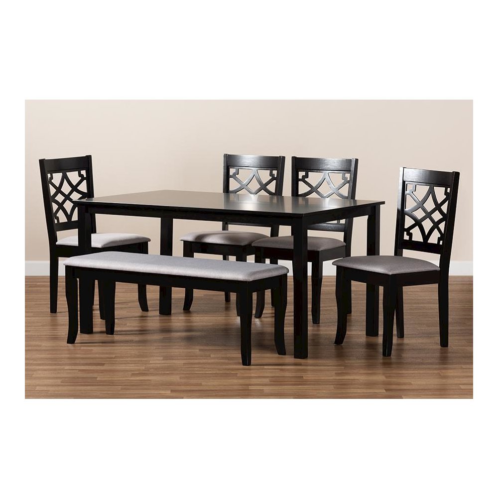 Grey Fabric Upholstered and Dark Brown Finished Wood 6-Piece Dining Set