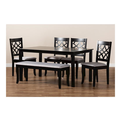 Grey Fabric Upholstered and Dark Brown Finished Wood 6-Piece Dining Set