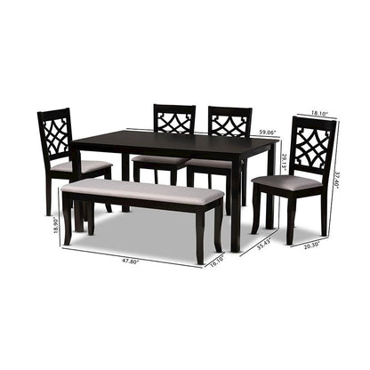 Grey Fabric Upholstered and Dark Brown Finished Wood 6-Piece Dining Set