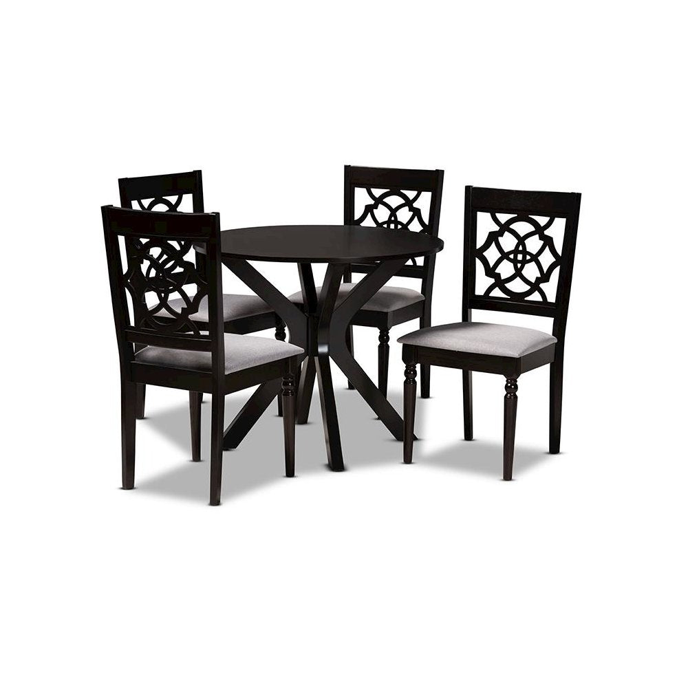 Grey Fabric Upholstered and Dark Brown Finished Wood 5-Piece Dining Set