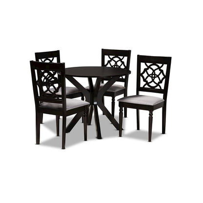 Grey Fabric Upholstered and Dark Brown Finished Wood 5-Piece Dining Set