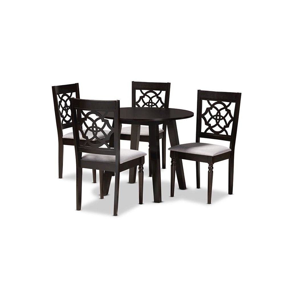 Grey Fabric Upholstered and Walnut Brown Finished Wood 5-Piece Dining Set