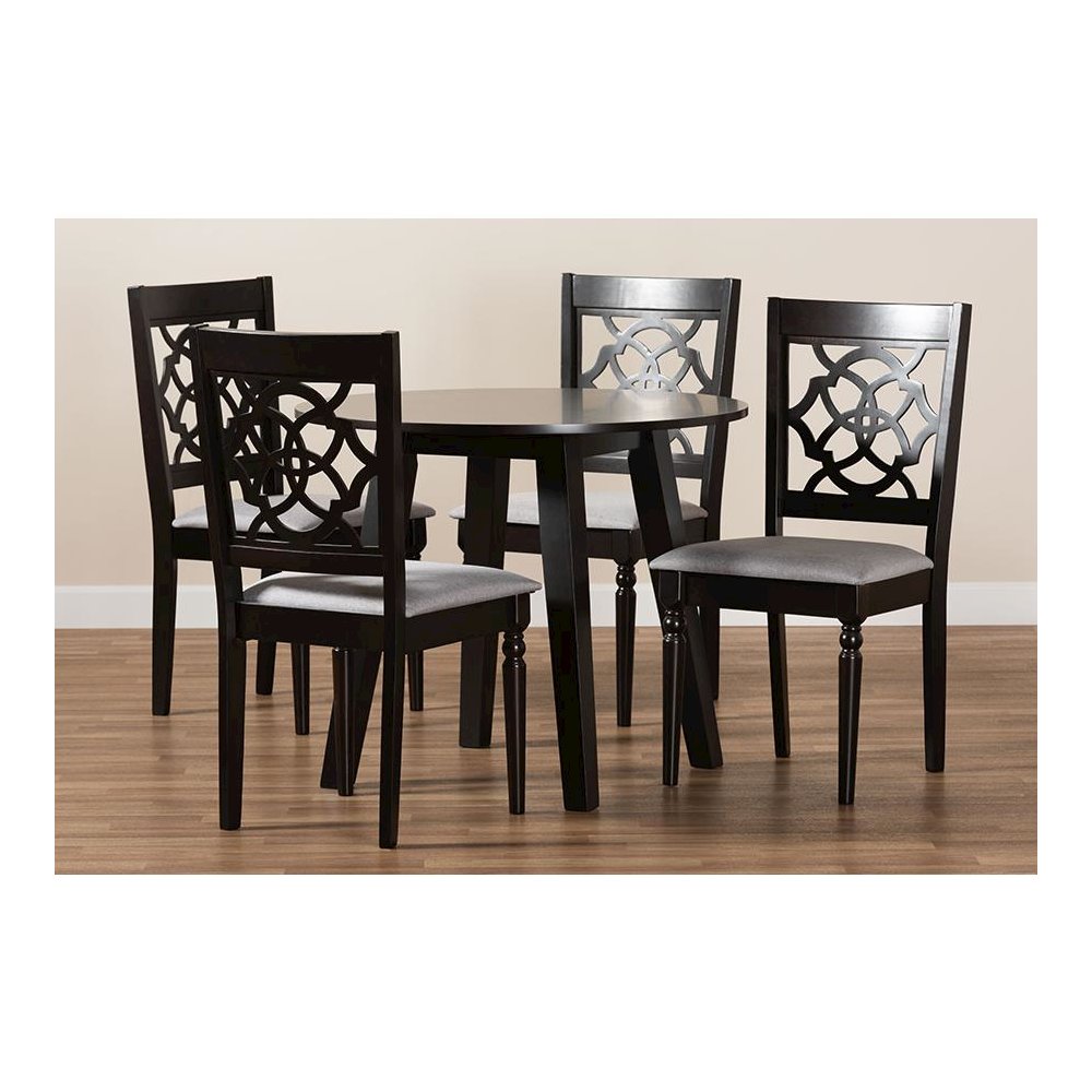 Grey Fabric Upholstered and Walnut Brown Finished Wood 5-Piece Dining Set