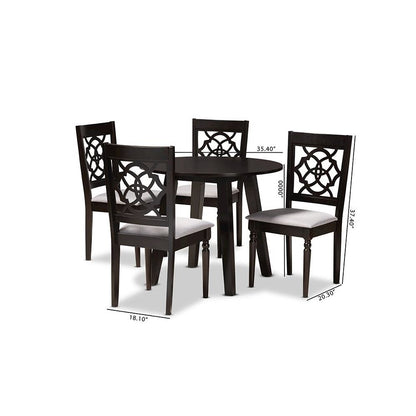 Grey Fabric Upholstered and Walnut Brown Finished Wood 5-Piece Dining Set