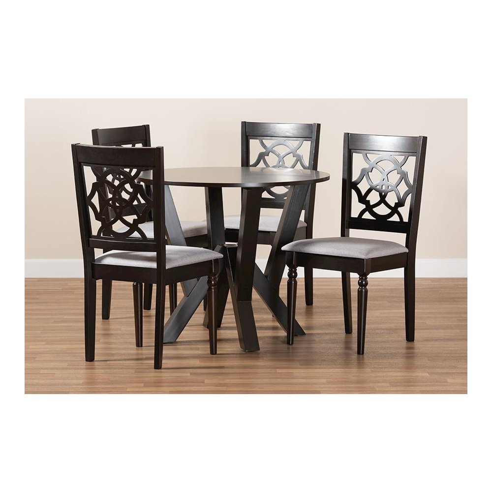 Grey Fabric Upholstered and Dark Brown Finished Wood 5-Piece Dining Set