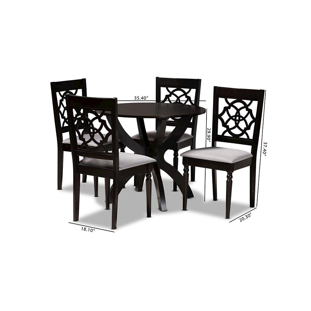 Grey Fabric Upholstered and Dark Brown Finished Wood 5-Piece Dining Set
