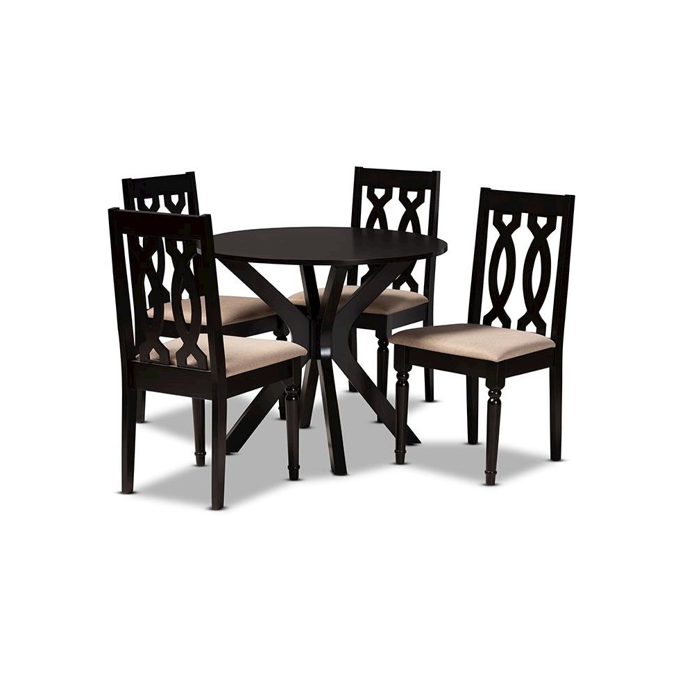 Sand Fabric Upholstered and Dark Brown Finished Wood 5-Piece Dining Set