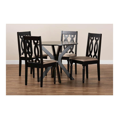 Sand Fabric Upholstered and Dark Brown Finished Wood 5-Piece Dining Set