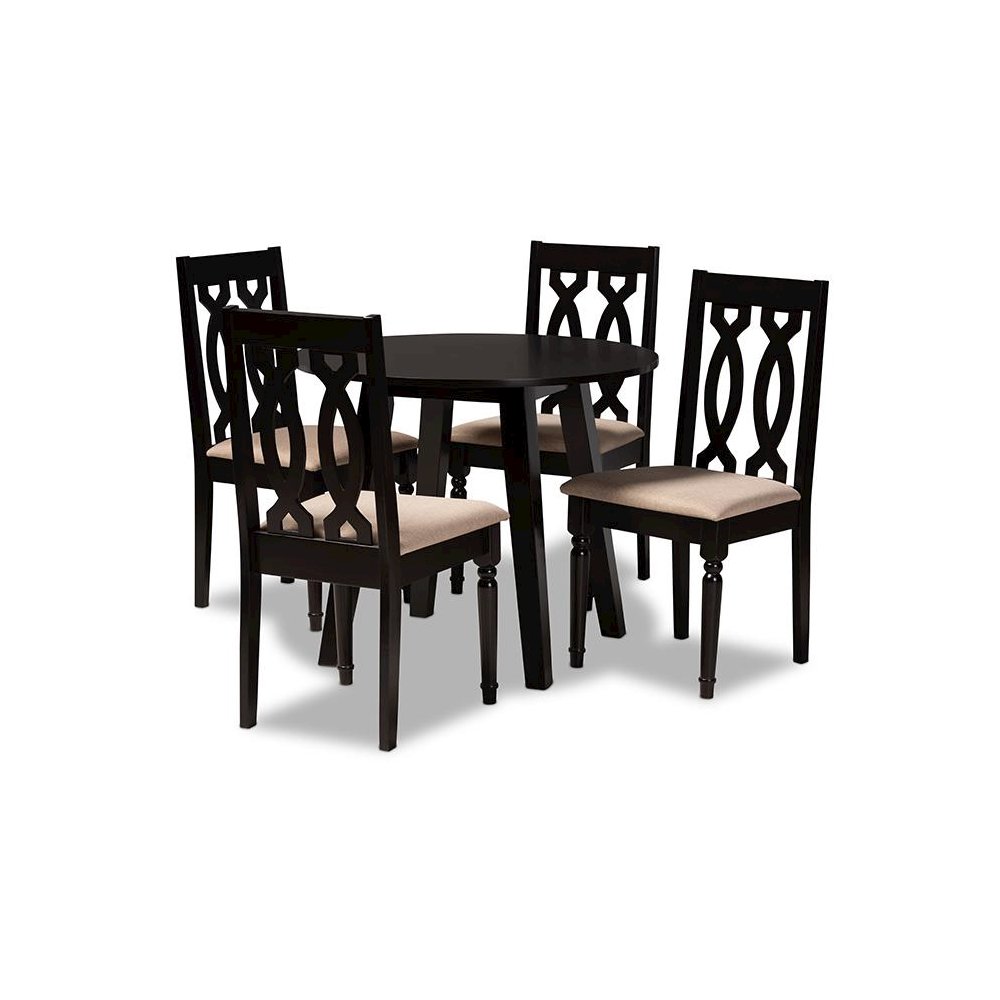 Sand Fabric Upholstered and Dark Brown Finished Wood 5-Piece Dining Set